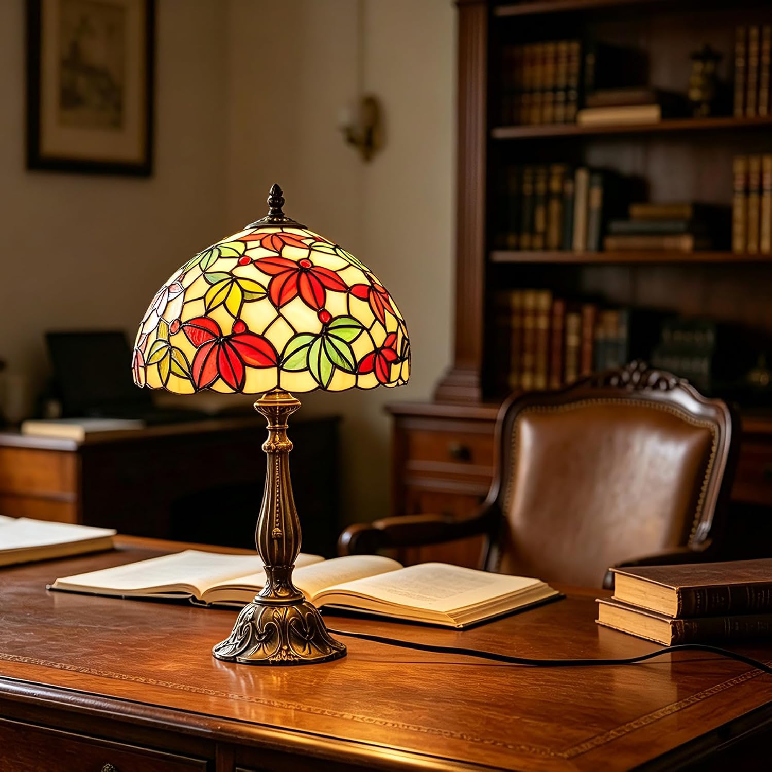 Tiffany Style Stained Glass Table Lamp, Maple Leaf Desk Light with Antique Bronze Resin Base, Multicolor Reading Lighting for Bedroom, Living Room, Office 12'X12'X19 (Maple-White)