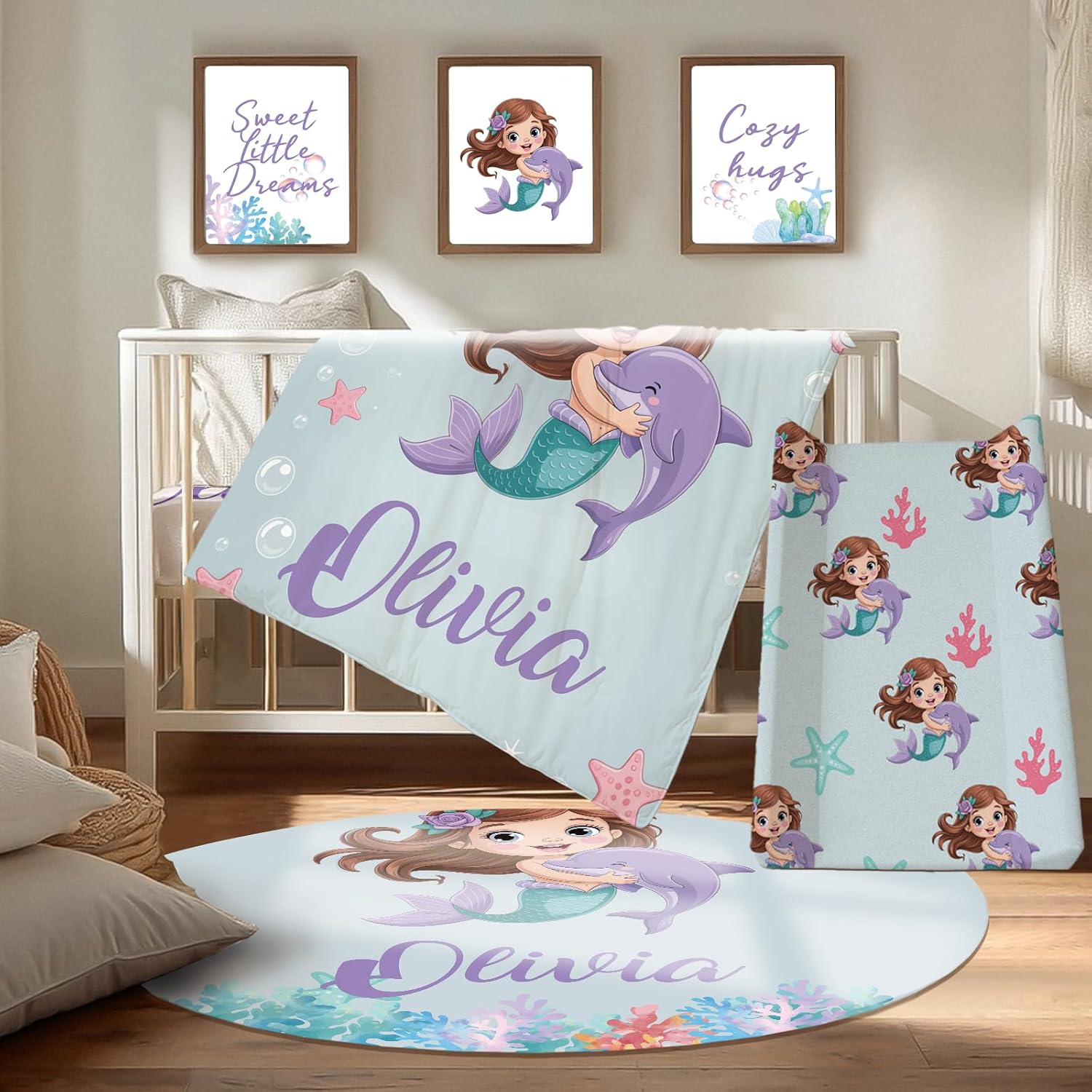 Personalized Baby Crib Bedding Set, Custom Name Nursery Bedding, Mermaid 5 Pcs Baby Bedding Set for Girl Boy, Double Layer Crib Set, Customized Gifts(Fixed Size)