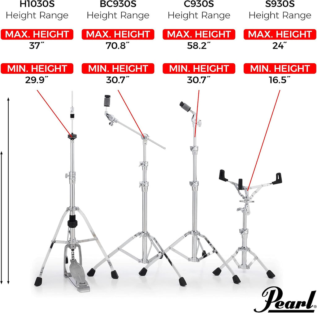 Pearl 930 Series HWP930S Single Braced Hardware Pack Includes Snare, Straight Cymbal, Boom Cymbal, and Hi Hat Stands