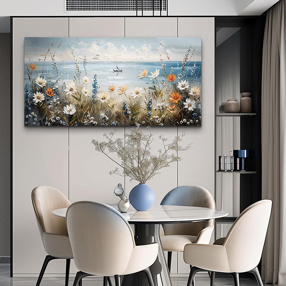 MHARTK66 Wall Art for Living Room Large Beach Painting Ocean Wildflower Canvas Artwork Framed Coastal Landscape Artwork Seascape Nature Rustic Picture for Office Bedroom Home Wall Decor 60x30in