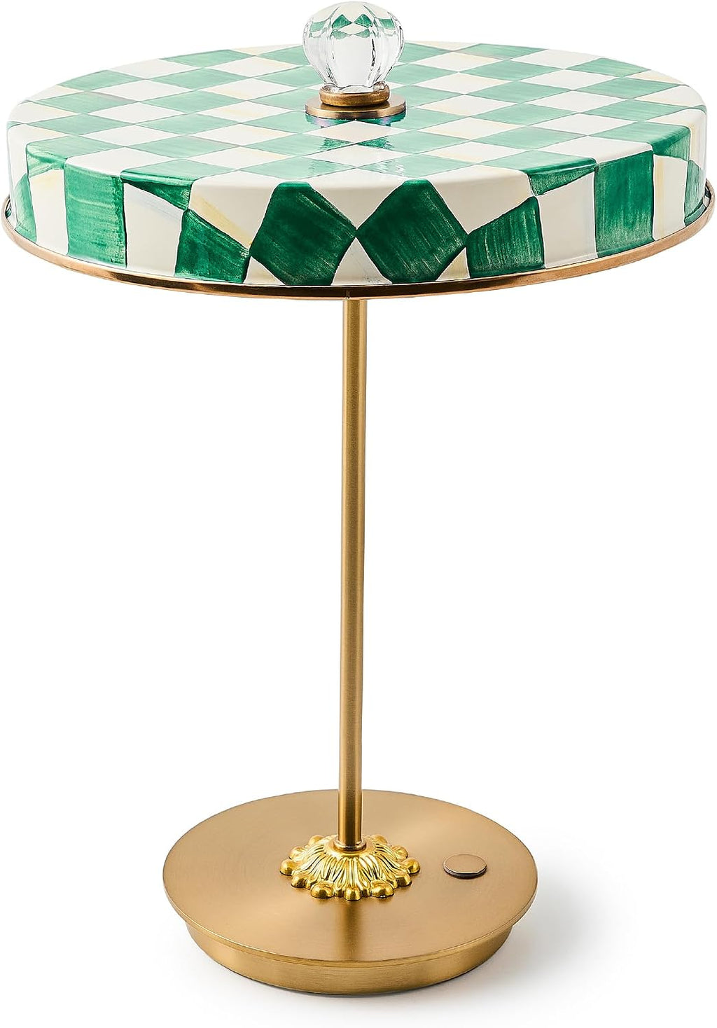 MACKENZIE-CHILDS LED Rechargeable Disk Table Lamp, Cordless Touch Lamp, Green-and-White Emerald Check