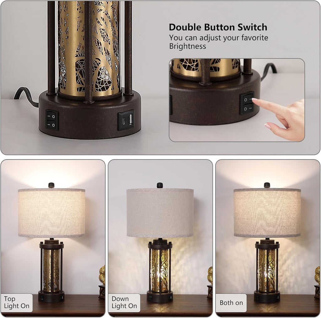 Set of 2 Gold and Bronze Farmhouse Table Lamp,Vintage Bedside Lamp,Rustic Desk Lamp for Bedroom/Living Room/Entryway/Patio/Dining Table,with 2 USB Charging Ports,Bulbs Included,UL Listed