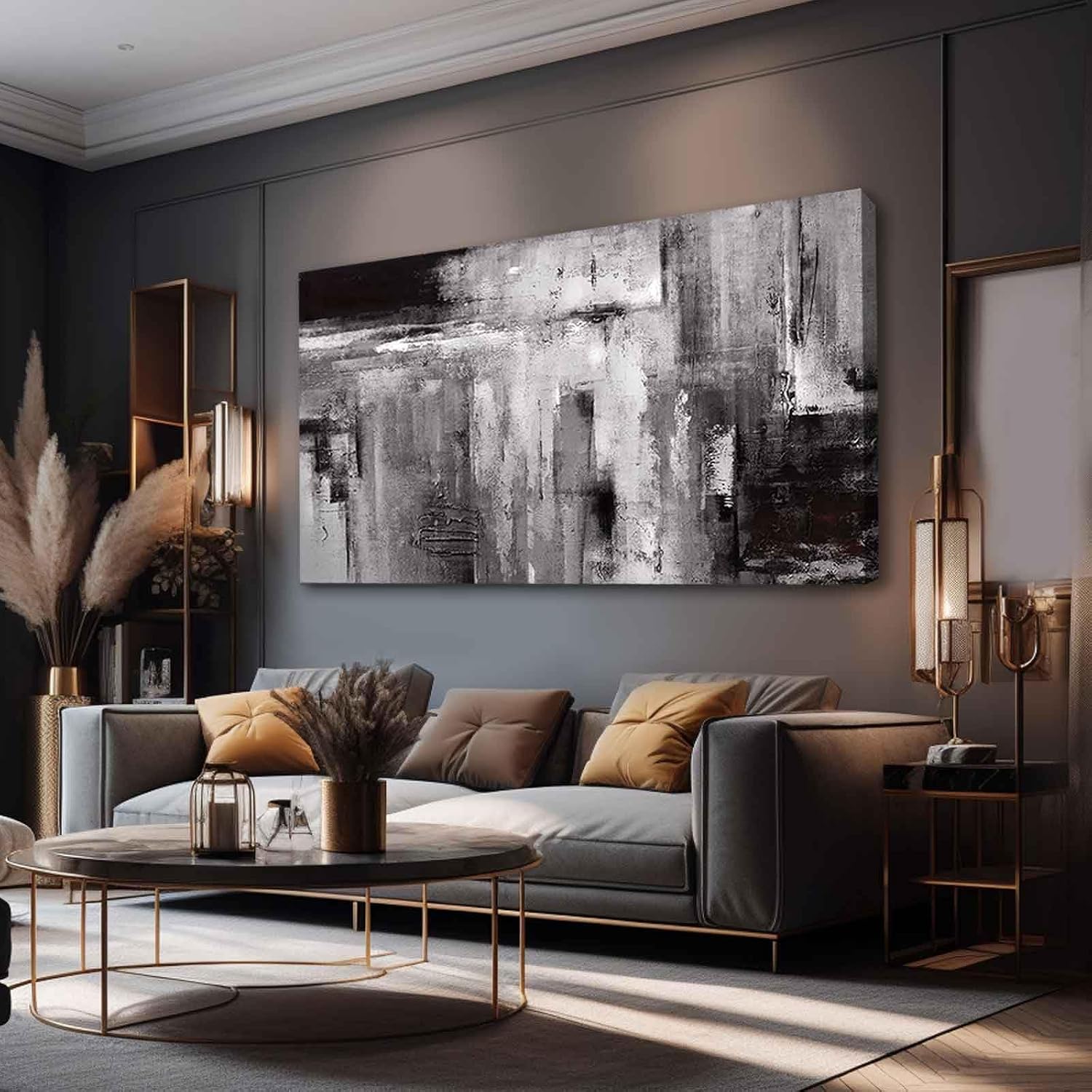 XIANSHOU Black Abstract Wall Art Living Room Decor Painting 29'x 58' White Abstract Graffiti Wall Decorations for Bedroom Kitchen Dining Room Office