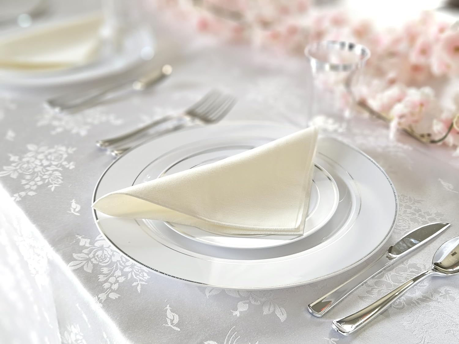 ' OCCASIONS ' 360 pcs/40 Guest-Full Tableware Set-Wedding Disposable Plastic Plates Silverware, Silver Rim Tumblers & Linen Feel Napkins/Metal Napkin Rings (Combo D, White & Silver Rim)