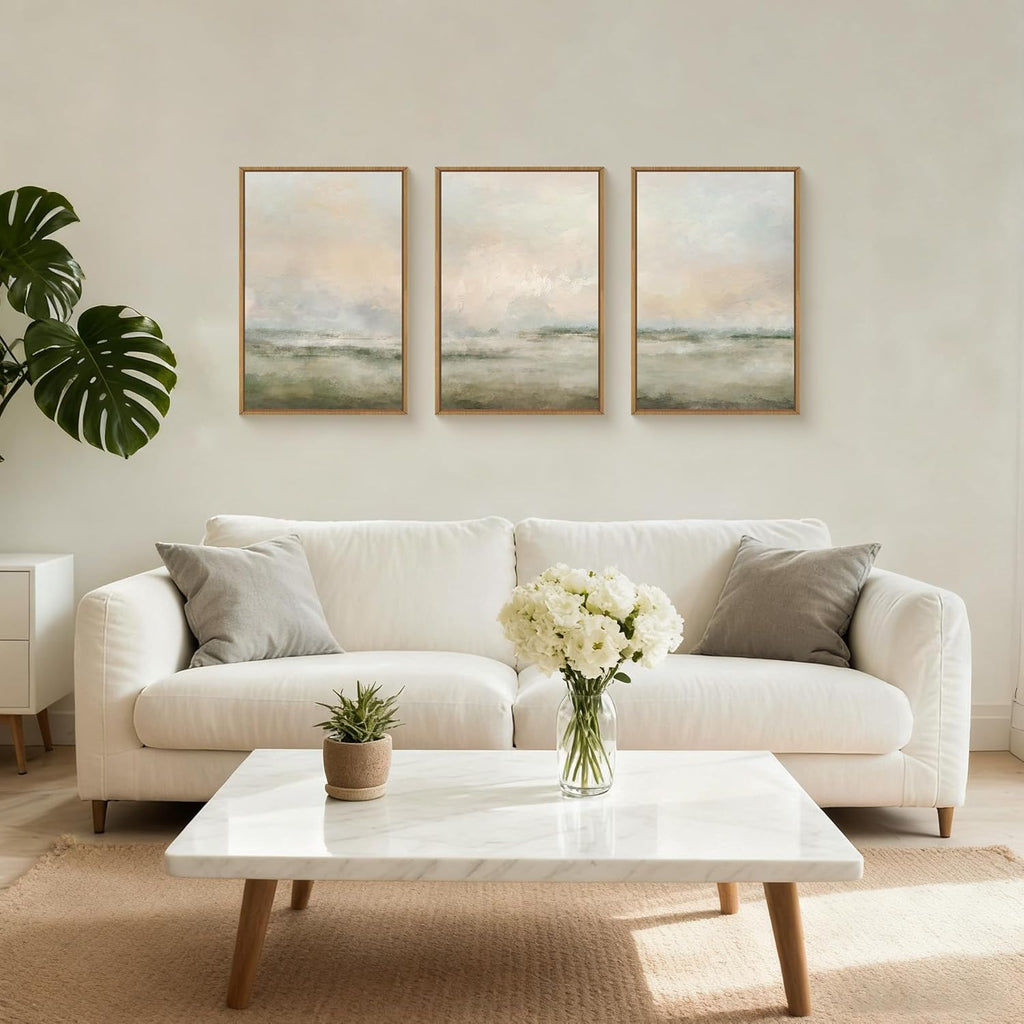 Abstract Beige Green Landscape Framed Canvas Wall Art Set, Watercolor Natural Tan Wall Decor, Minimalist Neutral Modern Scenery Artwork for Living Room, Bedroom,Farmhouse- 24'x36'x3
