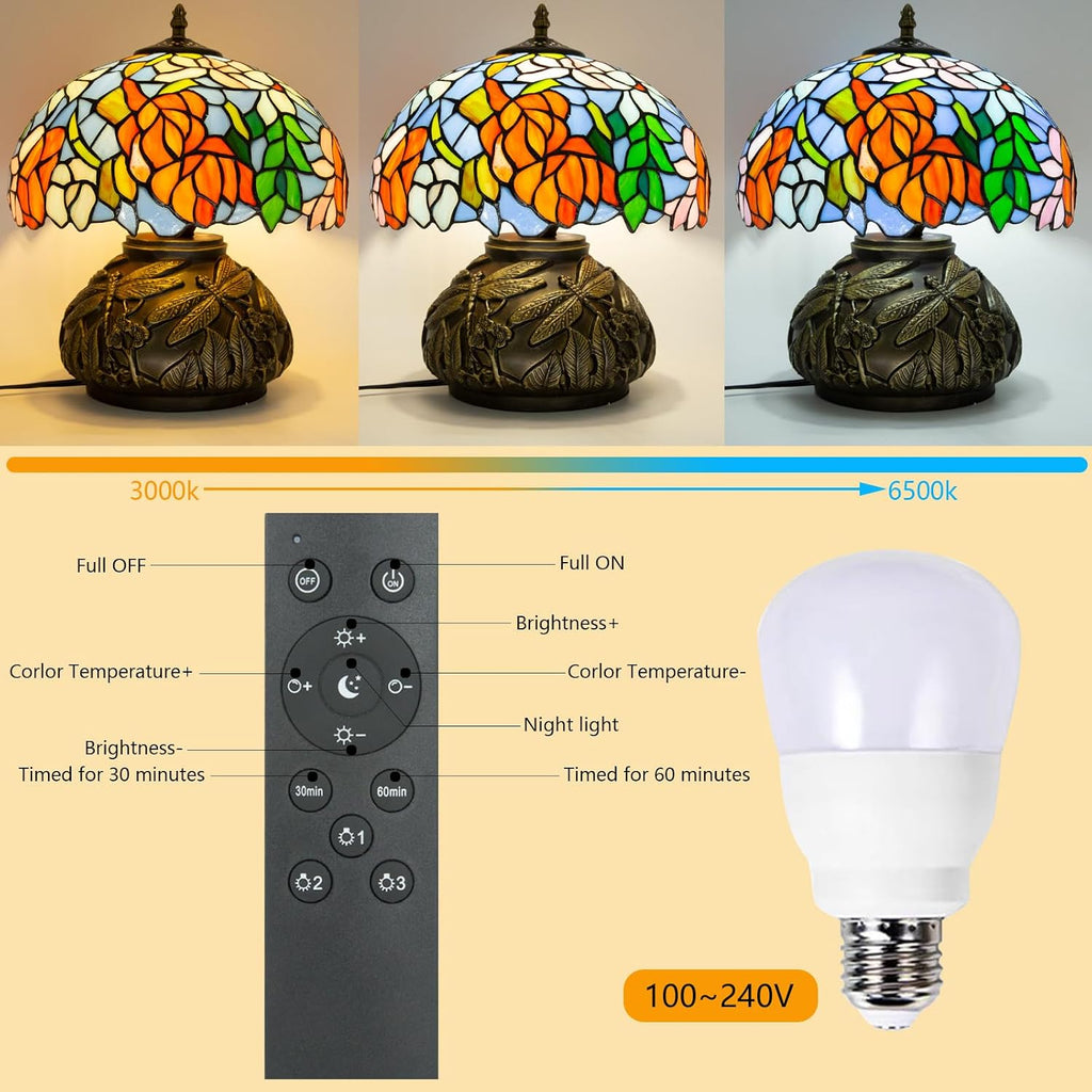Tiffany Table Lamp,12 Inch Stained Glass Table Lamp,Mushroom Style Vintage Desk Lights Included E26 LED with Remote Control for Bedside,Bedroom,Living Room(Leaf Wisteria)