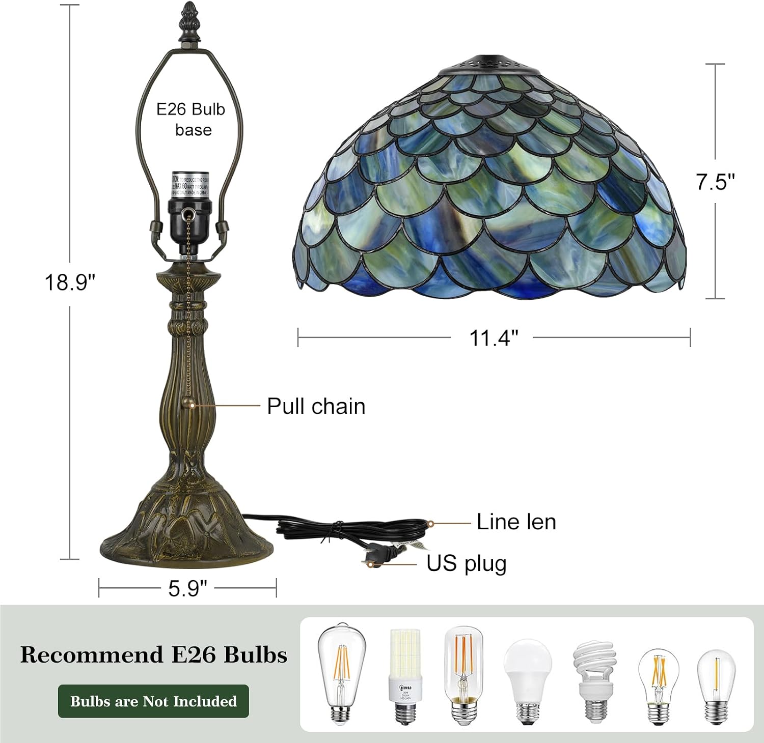 MOAN Lamp Stained Glass Table Lamp 12X12X19 Inch Bedside Reading Light Antique Bronze Base(Green Fish Scale Style)