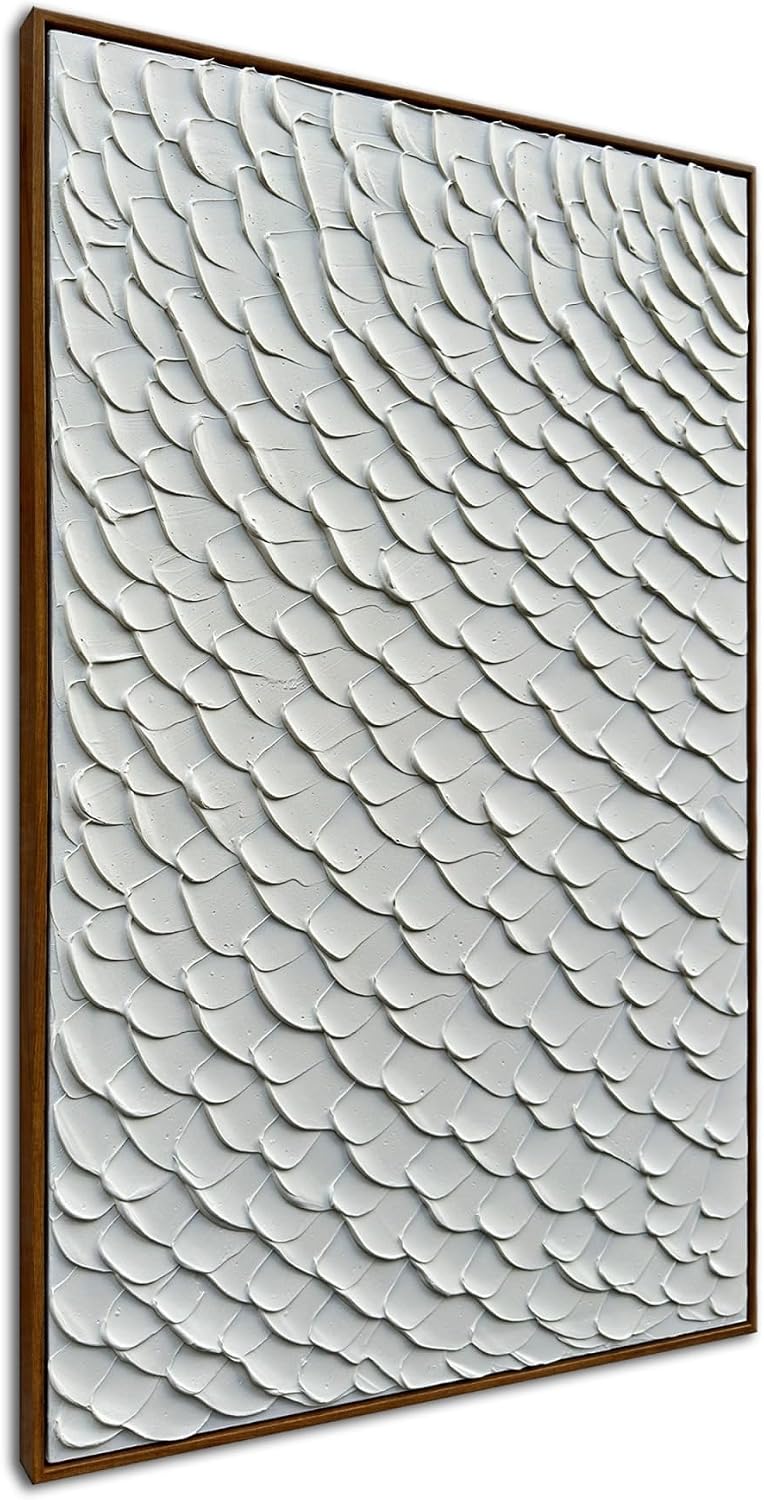 Slyart White Textured Wall Art, Handmade Mermaid Painting Framed Artwork, 3D Vertical Canvas Abstract White Wall Art 24'*36'