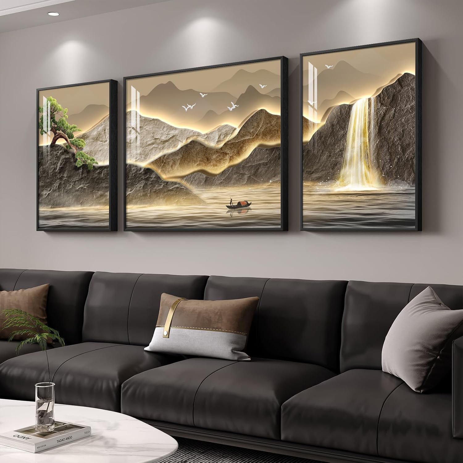 Framed Mountain Wall Art for Living Room, 3 Piece Brown Landscape Painting Prints, Modern Luxury Bright Style Pine Tree Waterfall Artwork for Dining Room,Hallway Office Wall Decor