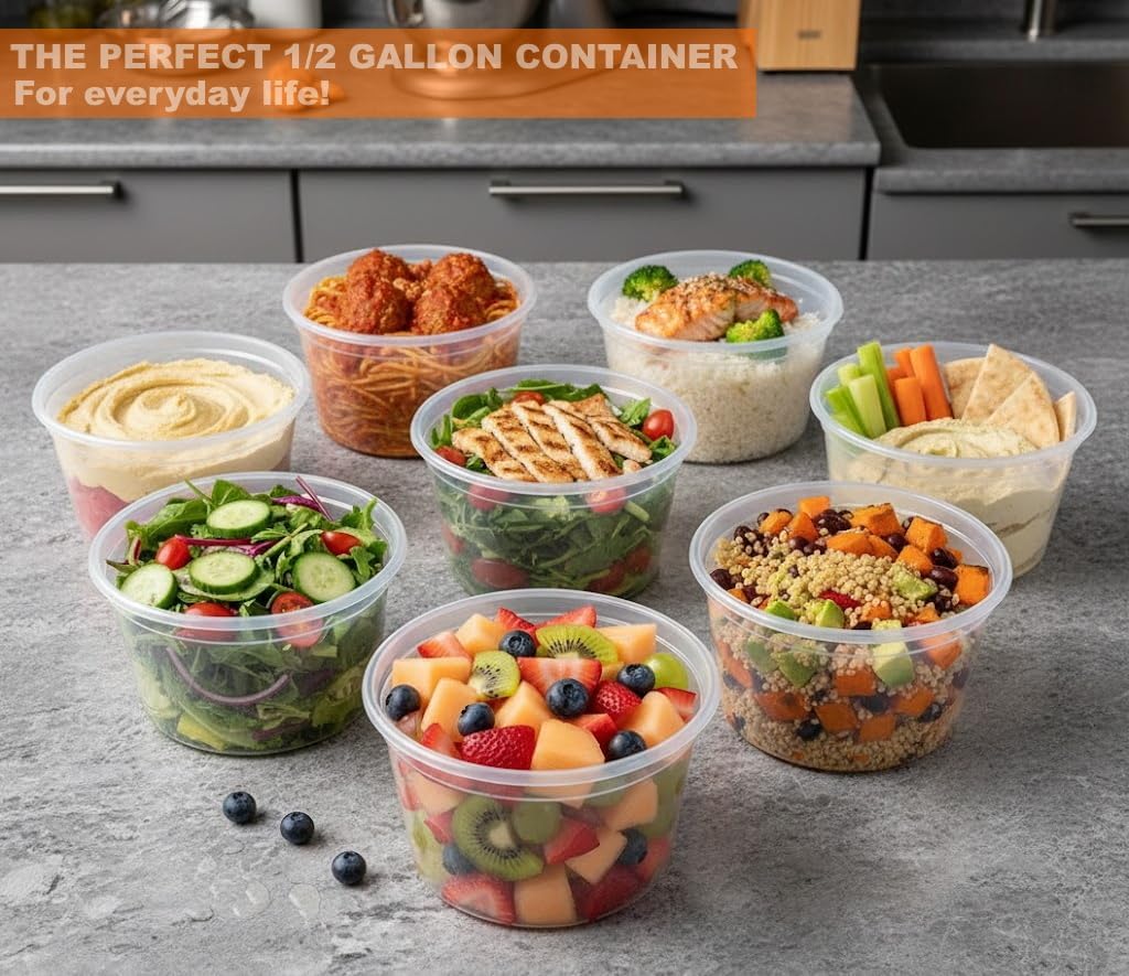 PACTOGO 64 oz (1/2 Gallon) Heavy Duty Round Plastic Deli Soup Containers with Lids, For Meal Prep Containers | BPA Free | Stackable | Leakproof | Microwave/Dishwasher/Freezer Safe (Pack of 120 Sets)