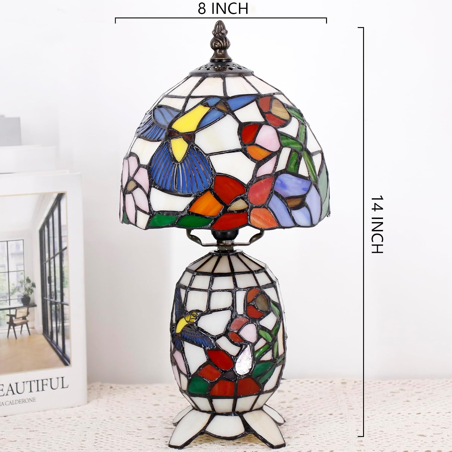 Small Tiffany Lamp Stained Glass Table Lamp Mini Mother Daughter Vase Desk Accent Light for Bedroom Bedside Reading Home Antique Style Decor 8X14 Inches (Hummingbird)