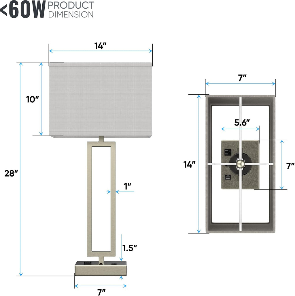 LEDMyPlace 28' Bedside Table Lamp w/ USB Port, On/Off Switch—E26 Lamp Holder—Brushed Nickel Finish & Fabric Linen Shade—Nightstand, Desk Lamp for Bedroom, Living Room, Office, Hotel Room—14'Wx28'Hx7'D