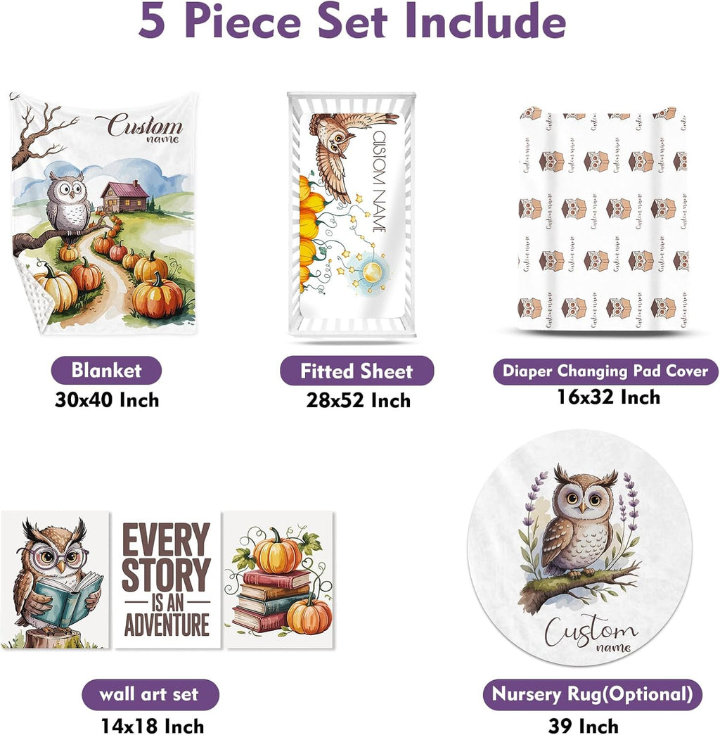 Personalized Crib Bedding Set for Baby Boys Girls, Owl Pattern Custom Name Baby Crib Sets 5-Pcs, Double Layer Baby Blanket Fitted Sheet Changing Pad Cover Rug Wall Art Set