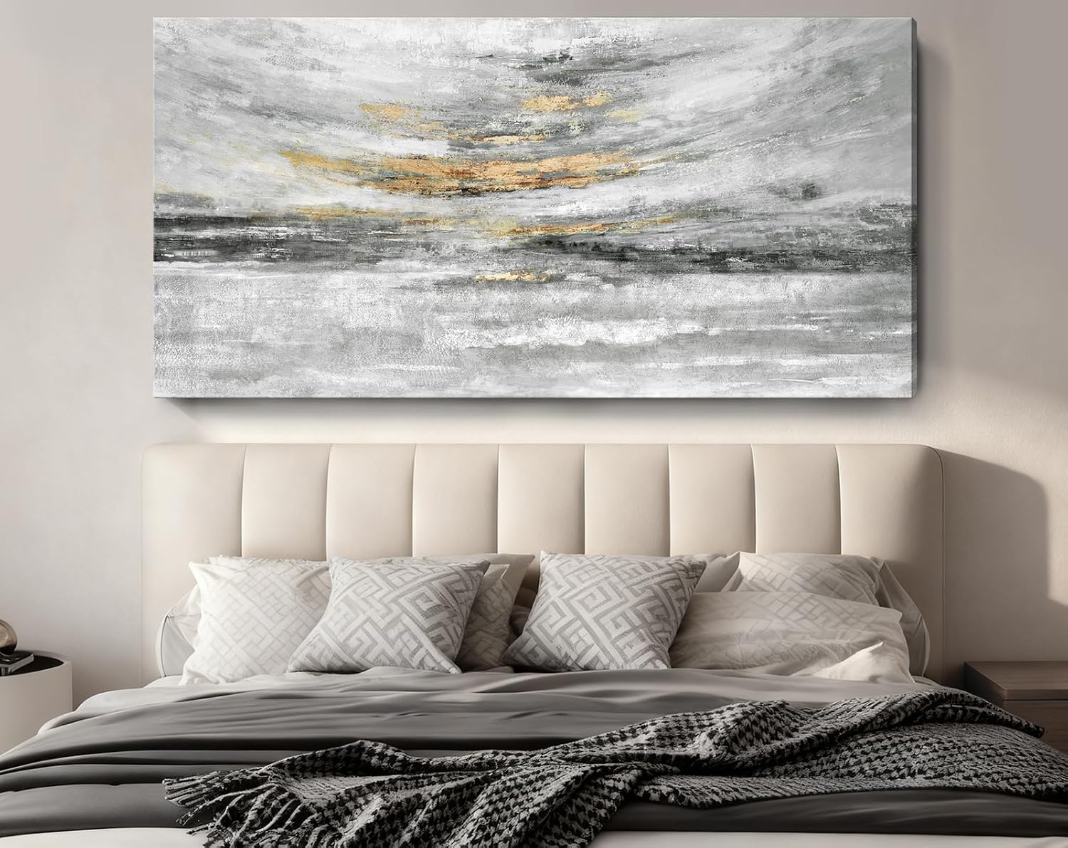 Nicetop 58x29' Modern Minimalist Black & White Abstract Coastal Wall Art with Metallic Gold Accents – Gallery Wrapped Abstract Ocean Waves & Clouds Canvas Art, Ready to Hang for Living Room Wall Decor, Bedroom Wall Art & Office Wall Decor