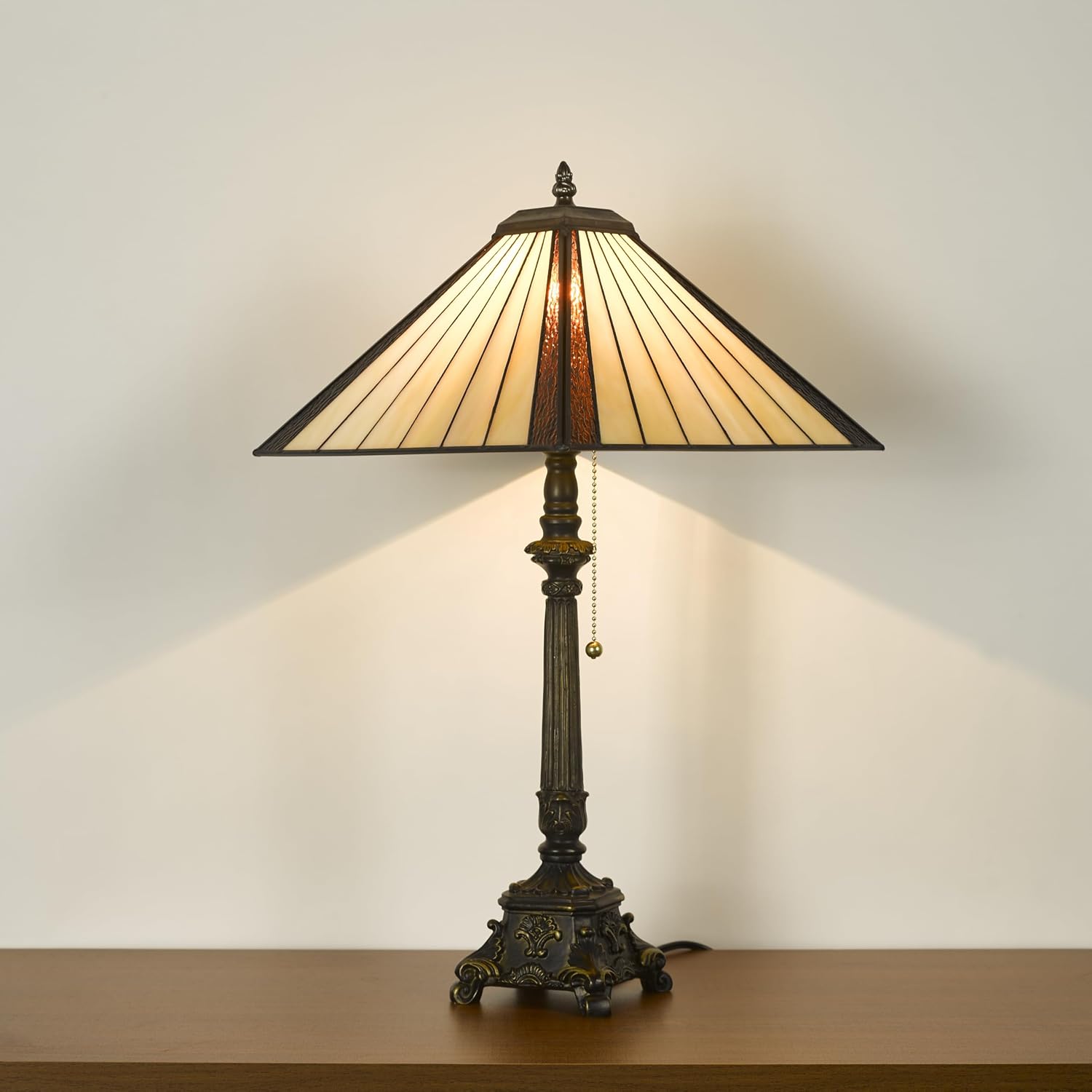 Tiffany Table Lamps Yellow Brown Stained Glass Striped Checkered Style Mission Desk Lamp 12X12X24 Inch Bronze Resin Base