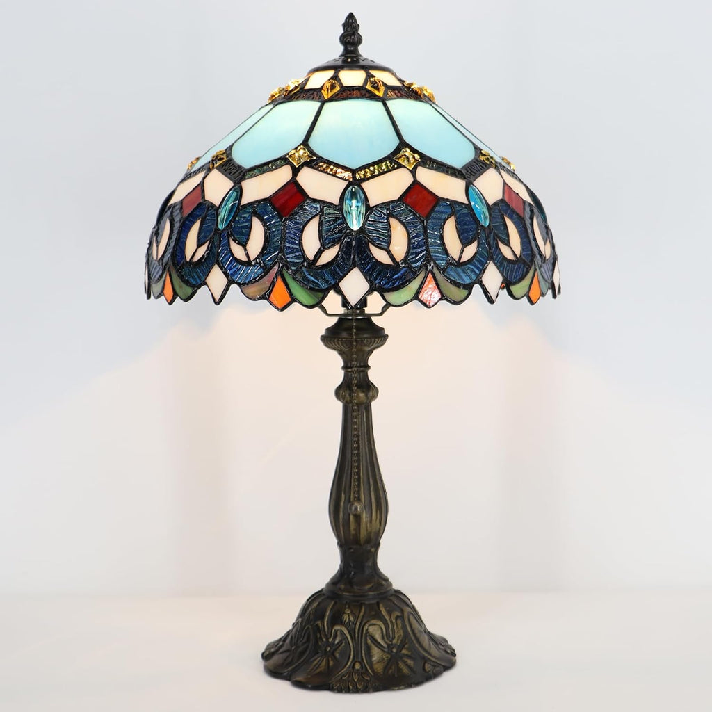 Tiffany Lamp Stained Glass Table Lamp Bedside Reading Light W12H19 Inches (Sapphire Style)