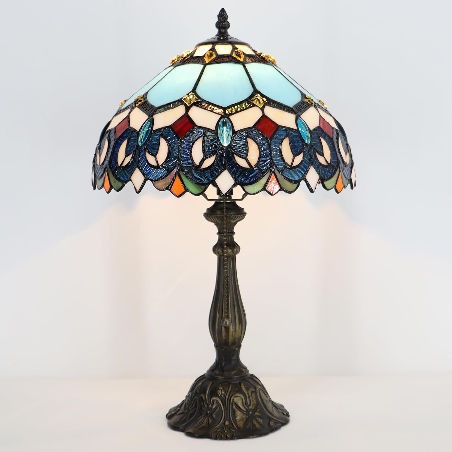 Tiffany Lamp Stained Glass Table Lamp Bedside Reading Light W12H19 Inches (Sapphire Style)