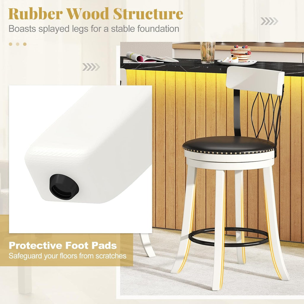 Giantex 26' Bar Stools Set of 4, Swivel Counter Height Bar Chairs with Footrest, Rubber Wood Frame & Tufted Rivets, Upholstered Modern PVC Leather Barstools for Kitchen Island & Pub