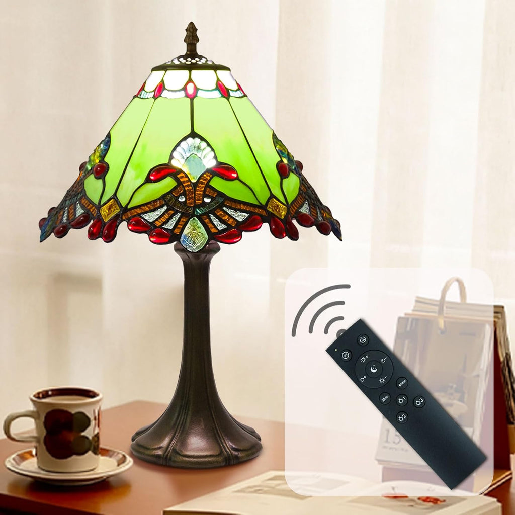 Tiffany Style Table Lamp, Small Stained Glass Lamp for Bedside, Bedroom, Nightstand, Living Room, 12 Inch Mini Vintage Light Included E26 Bulbs with Remote Control (Green Umbrella)