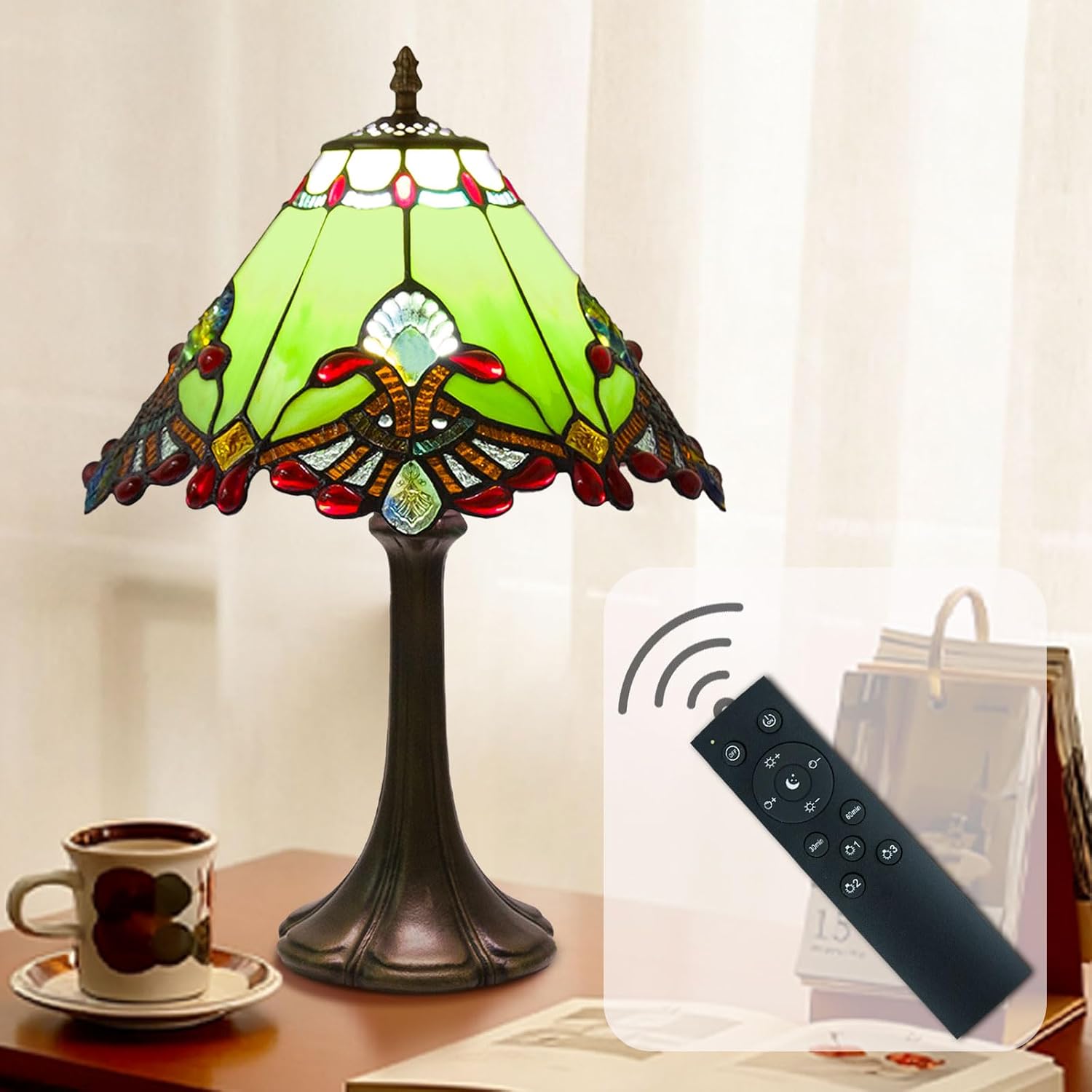 Tiffany Style Table Lamp, Small Stained Glass Lamp for Bedside, Bedroom, Nightstand, Living Room, 12 Inch Mini Vintage Light Included E26 Bulbs with Remote Control (Green Umbrella)