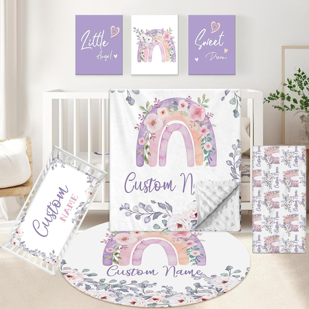 KAINSY Personalized Baby Bedding Set, 5 Pcs Custom Baby Crib Set with Name, Soft Flannel Rainbow Crib Bedding Set for Girls, Double Layer Nursery Bedding Set, Infant Toddler Bedding Set Parents Gift