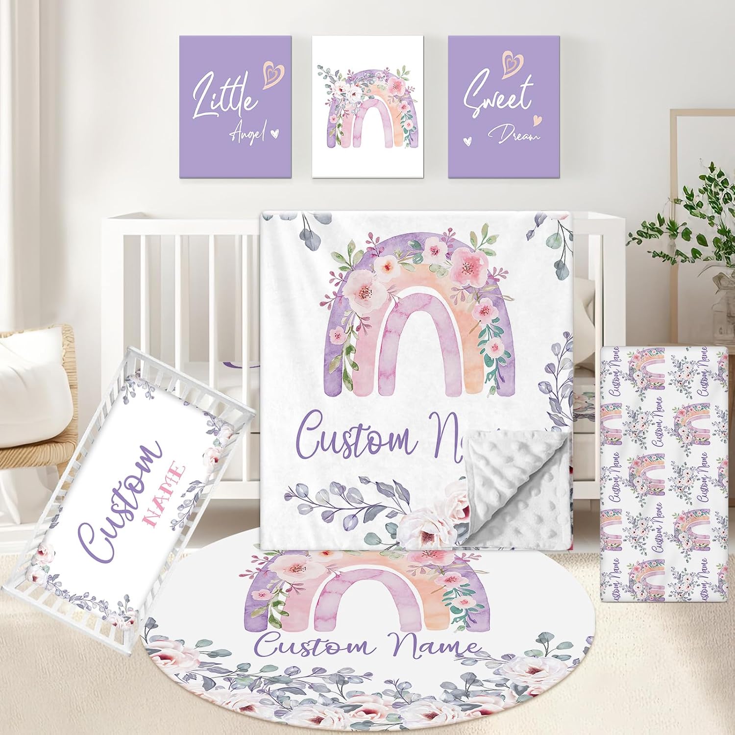 KAINSY Personalized Baby Bedding Set, 5 Pcs Custom Baby Crib Set with Name, Soft Flannel Rainbow Crib Bedding Set for Girls, Double Layer Nursery Bedding Set, Infant Toddler Bedding Set Parents Gift