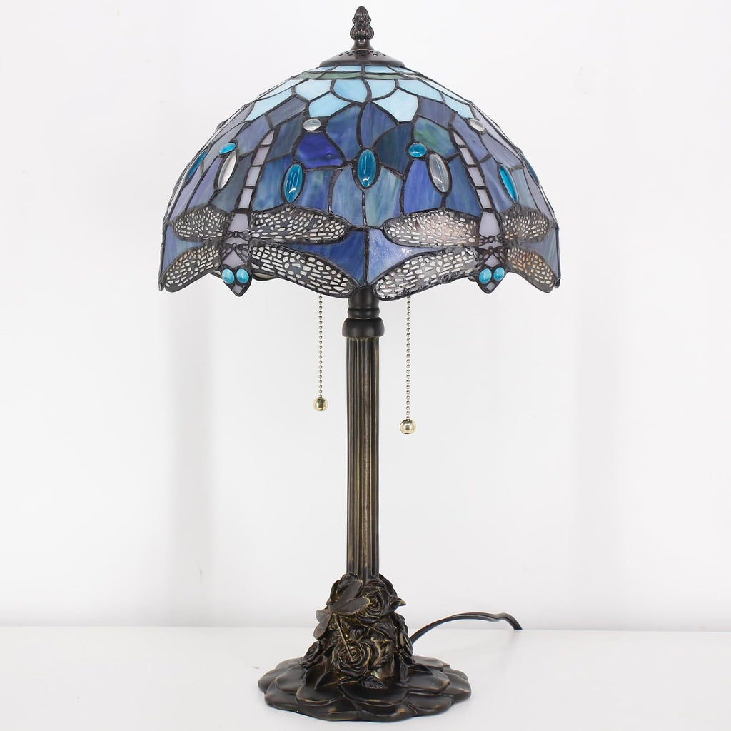 Tiffany Table Lamp Stained Glass Desk Lamp 12X12X21Inch Resin Base for Bedroom Living Room Reading Light (Blue Dragonfly)
