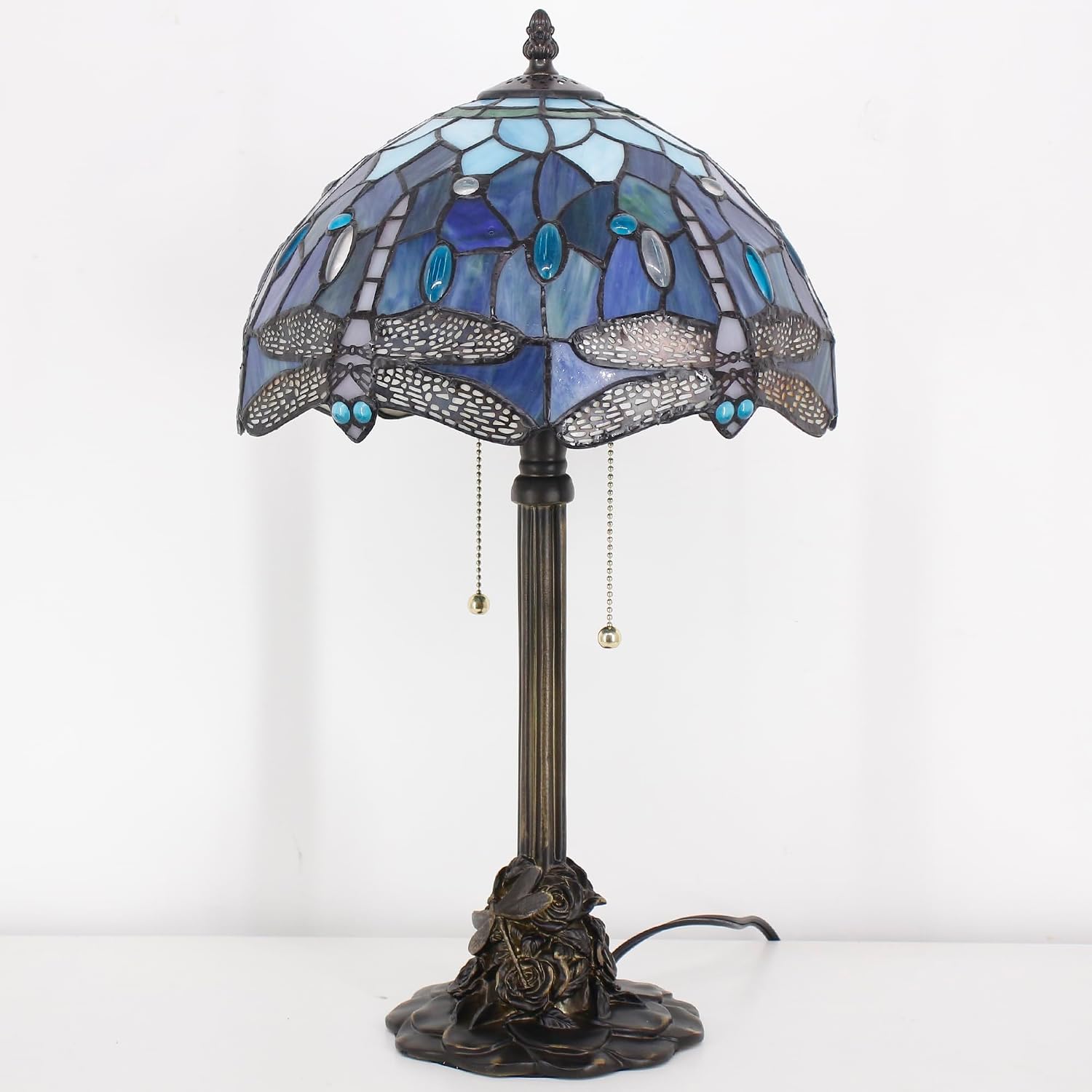 Tiffany Table Lamp Stained Glass Desk Lamp 12X12X21Inch Resin Base for Bedroom Living Room Reading Light (Blue Dragonfly)