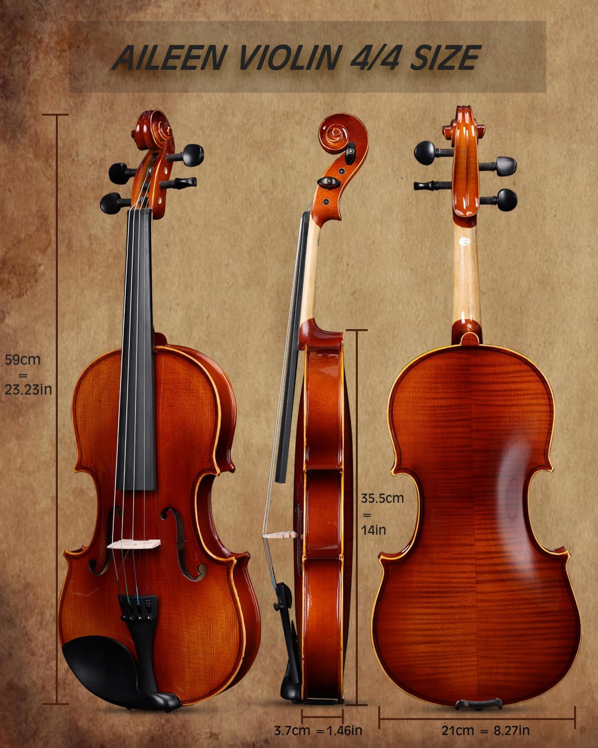 Aileen Solid Wood Violin 4/4 Full Size for Adults Beginners, Fiddle Set for Kids Students Starters Age 12+