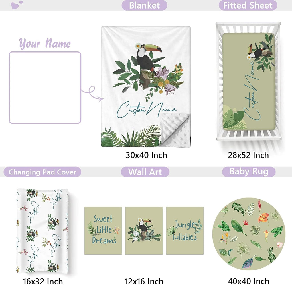 Custom Baby Crib Bedding Set, 5 PCS Personalized Name Baby Crib Sets for Girls Boys, Toucan Theme Nursery Bedding Sets for Infant Toddler, Double Layer Flannel Bed Set Customized Gifts