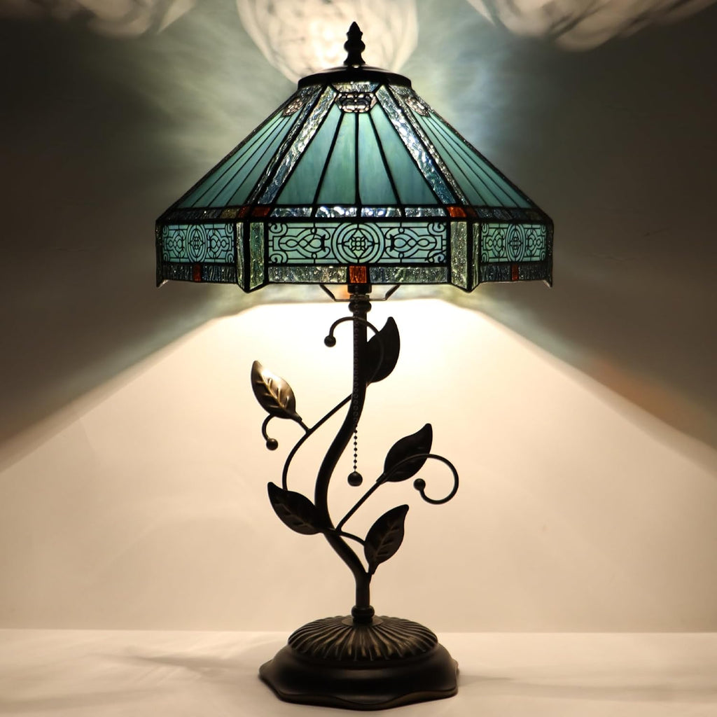 Tiffany Table Lamp, Stained Glass Desk Light, W12H19 Inch, Metal Leaf Base (Mission Style)