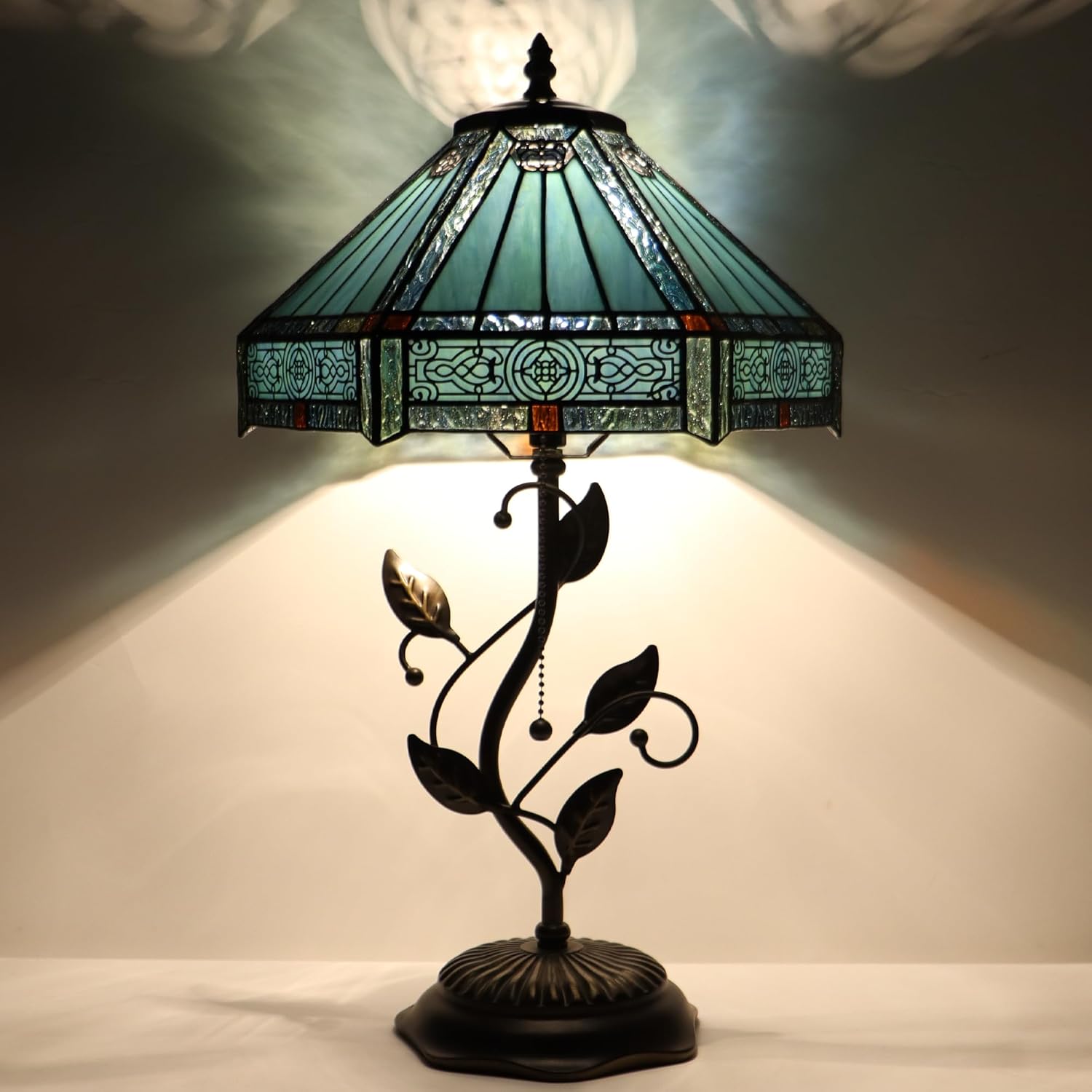 Tiffany Table Lamp, Stained Glass Desk Light, W12H19 Inch, Metal Leaf Base (Mission Style)
