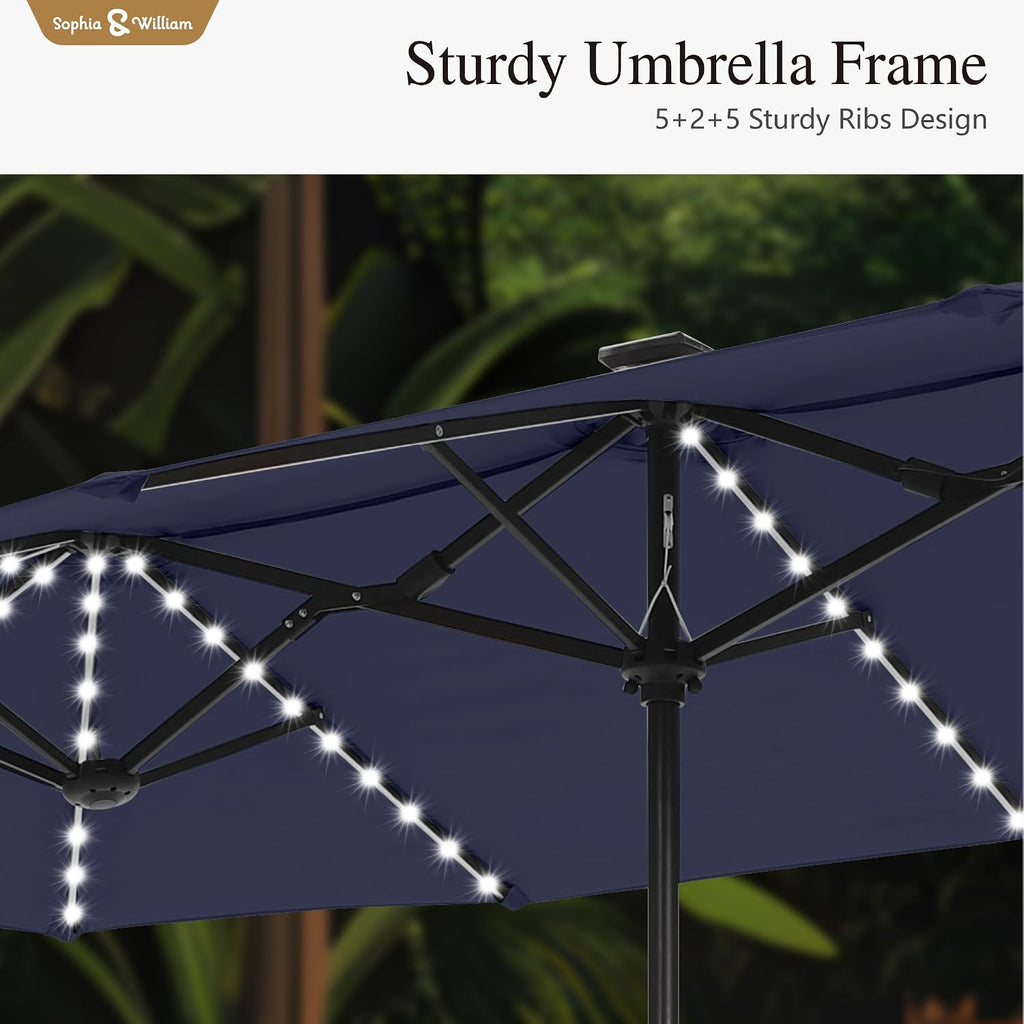 Sophia & William 13ft Outdoor Patio Umbrella with Solar Lights, Large Double-sided Umbrella with LED Lights, Perfect for Garden, Deck, Pool, Navy Blue