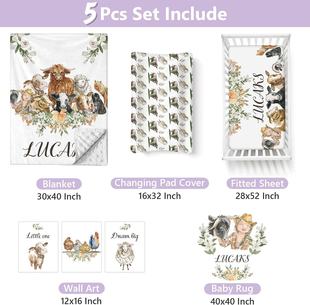 Custom Baby Crib Bedding Set, 5 PCS Personalized Name Baby Crib Sets for Girls Boys, Farm Animals Theme Nursery Bedding Sets for Infant Toddler, Double Layer Flannel Bed Set Customized Gifts