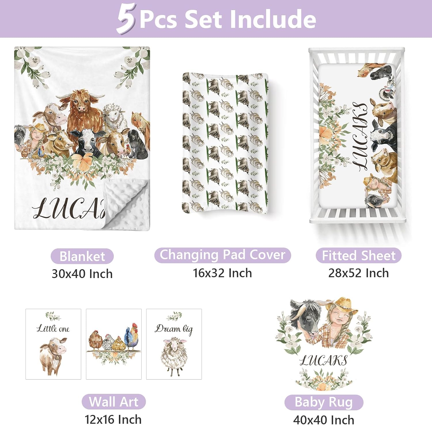 Custom Baby Crib Bedding Set, 5 PCS Personalized Name Baby Crib Sets for Girls Boys, Farm Animals Theme Nursery Bedding Sets for Infant Toddler, Double Layer Flannel Bed Set Customized Gifts