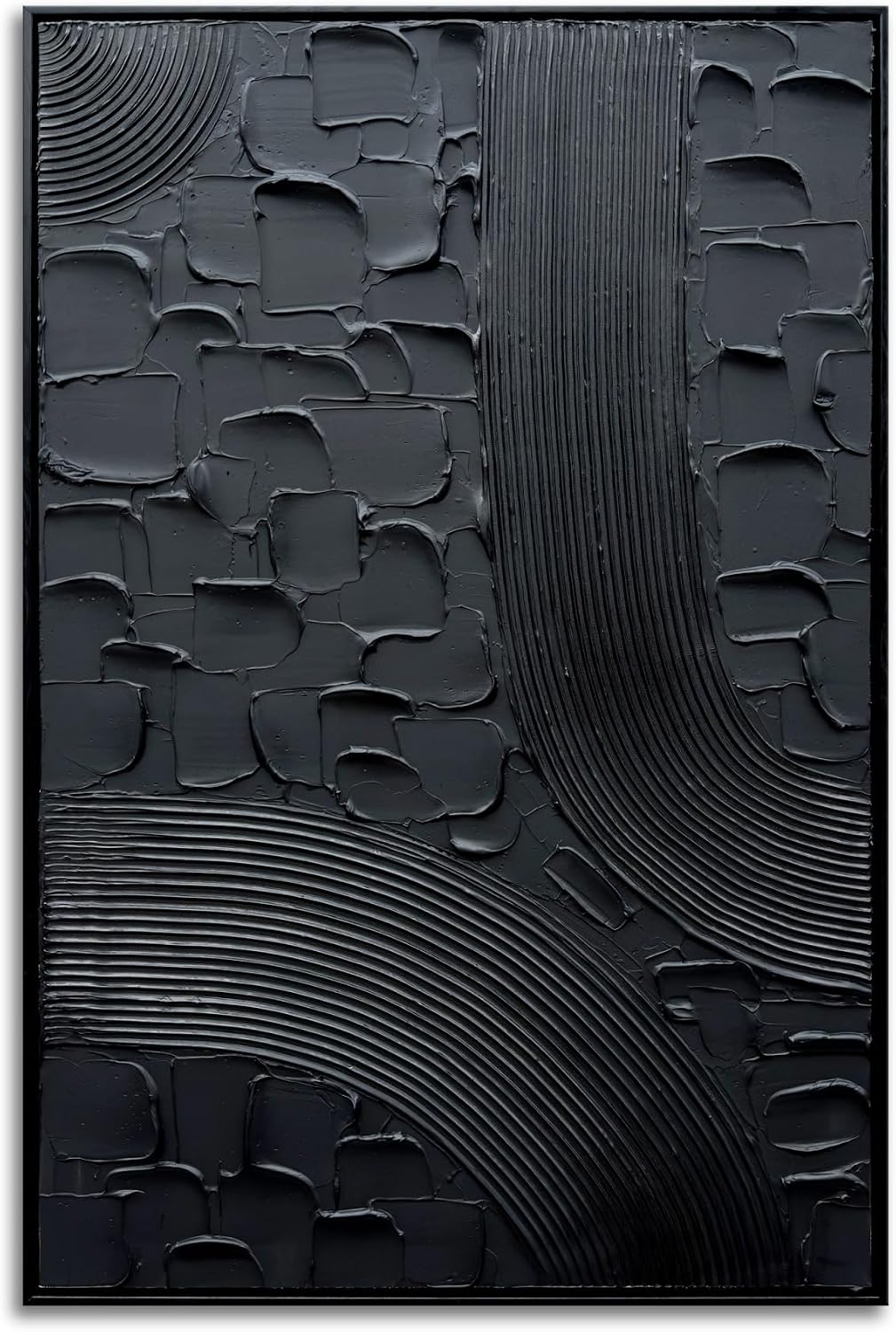 Slyart Black Textured Abstract Wall Art, Hand Painted Contemporary Minimalist Art Oil Painting, 24'x36' Framed Thick Texture Canvas Home Wall Art