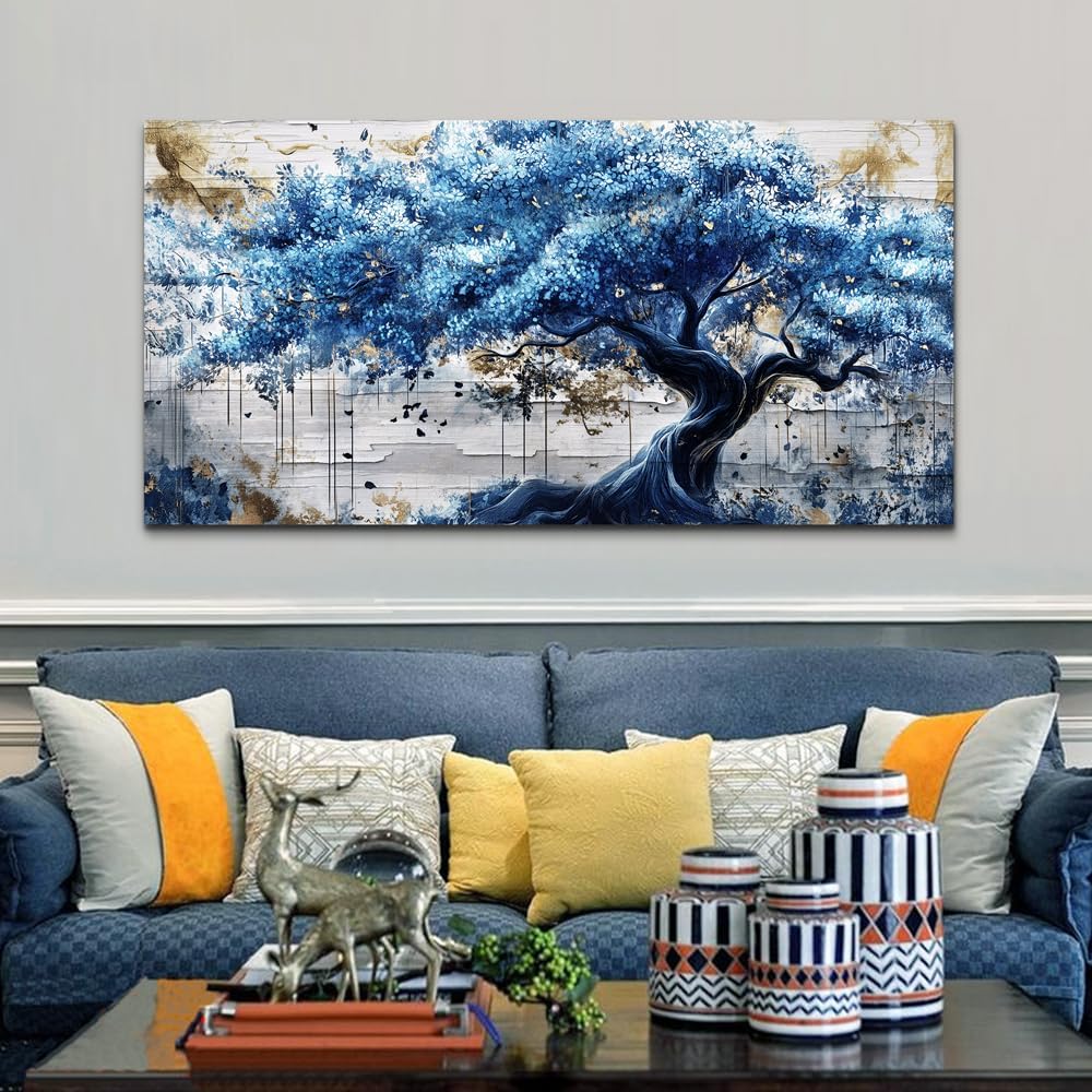 ERQINHUA Large Canvas Wall Decor For Living Room Wall Art For Bedroom Office Decor Blue Tree Wall Paintings Farmhouse Abstract Watercolour Pictures Artwork Home Decor Ready To Hang Posters 30'X60'