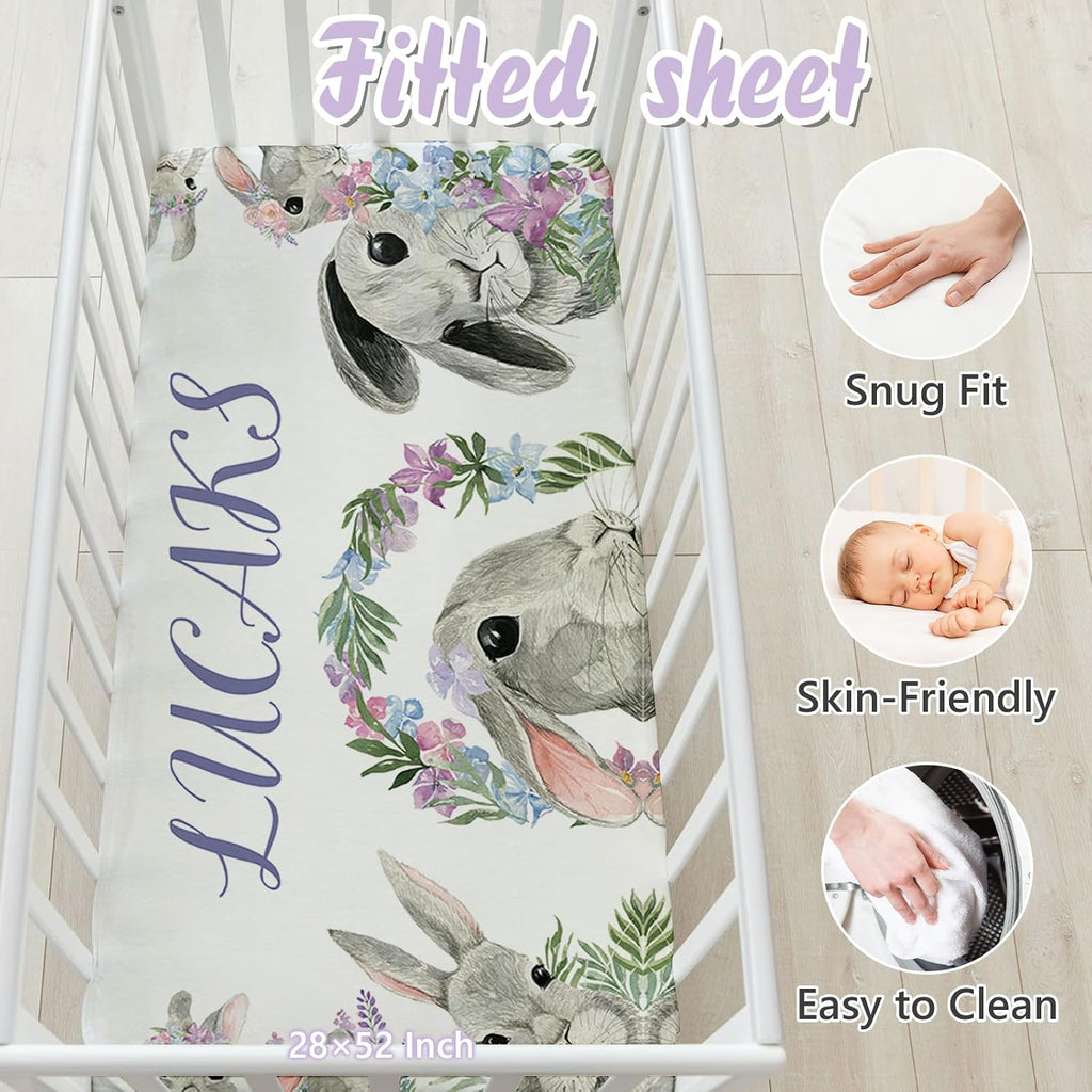 Custom Baby Crib Bedding Set, 5 PCS Personalized Name Baby Crib Sets for Girls Boys, Rabbit Theme Nursery Bedding Sets for Infant Toddler, Double Layer Flannel Bed Set Customized Gifts