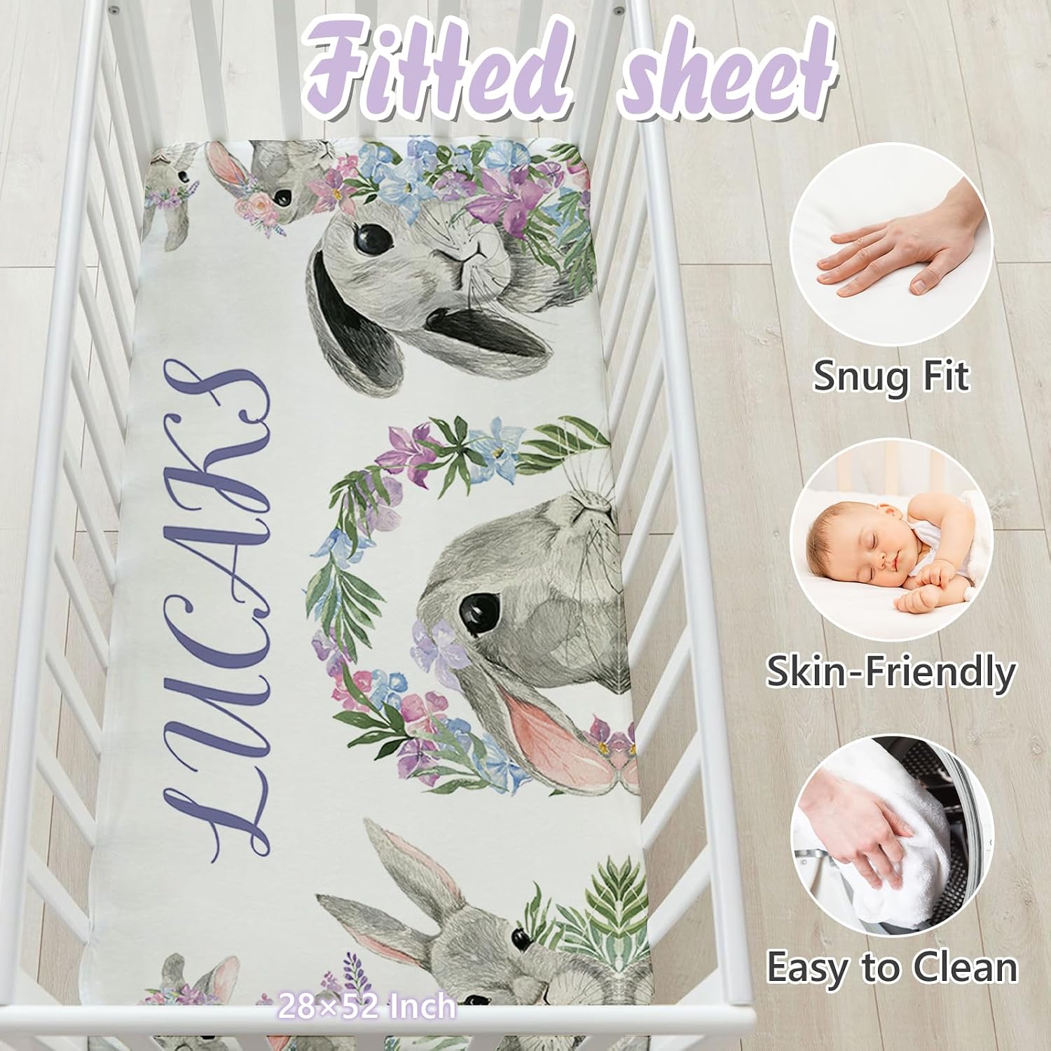 Custom Baby Crib Bedding Set, 5 PCS Personalized Name Baby Crib Sets for Girls Boys, Rabbit Theme Nursery Bedding Sets for Infant Toddler, Double Layer Flannel Bed Set Customized Gifts