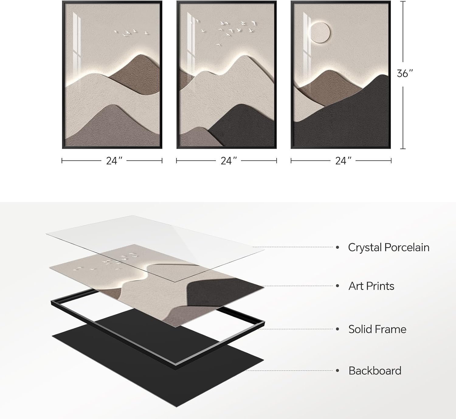 Framed Neutral Abstract Wall Art for Living Room, Large 3 Piece Modern Mountain Bright Style Painting Prints, Brown Minimalist Landscape Artworks for Dining Room Office Wall Decor, 24x36 In