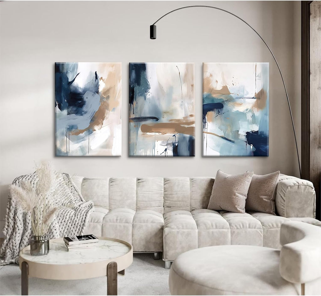 Navy Blue Pictures Wall Art Abstract Modern Painting Canvas Brown Watercolor Wall Art Decor Abstract Blue Poster Minimalist Graffiti Prints Artwork for Living Room 24x36 Inch Set of 3
