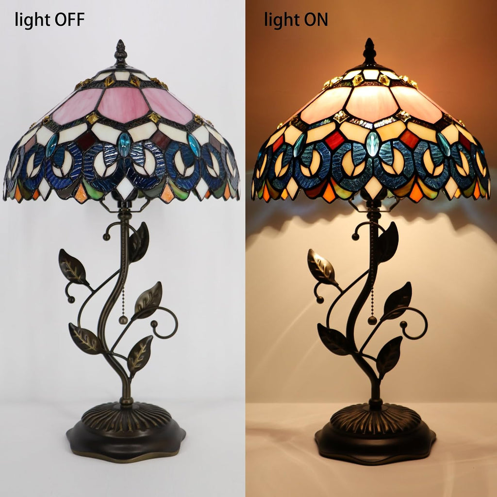 Tiffany Table Lamp, Pink Stained Glass Desk Light, W12H19 Inch, Metal Leaf Base (Pink Baroque Style)