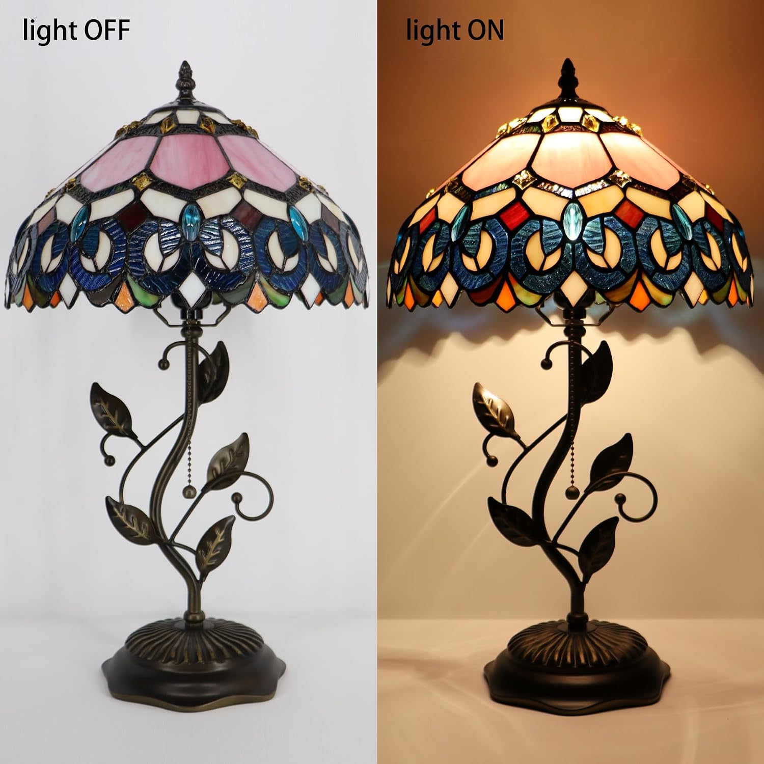 Tiffany Table Lamp, Pink Stained Glass Desk Light, W12H19 Inch, Metal Leaf Base (Pink Baroque Style)