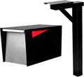 Ilyapa Modern Black Post Mount Mailbox with Gray Door & Waterproof Steel; Includes Heavy-Duty 43' Mailbox Post Sleeve with Universal Mounting Brackets for Parcels & Mail