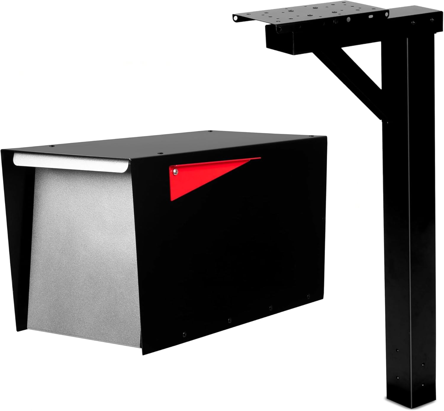 Ilyapa Modern Black Post Mount Mailbox with Gray Door & Waterproof Steel; Includes Heavy-Duty 43' Mailbox Post Sleeve with Universal Mounting Brackets for Parcels & Mail