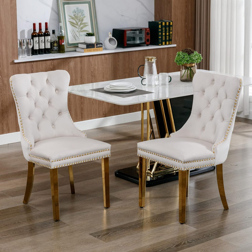 2 Piece Contemporary Velvet Upholstered Dining Chair with Chrome Stainless Steel Plating Legs, Nail Head Decro, Armless Tufted Dining Chair Fabric Dining Room Chair (Beige&Gold, Set of 2)