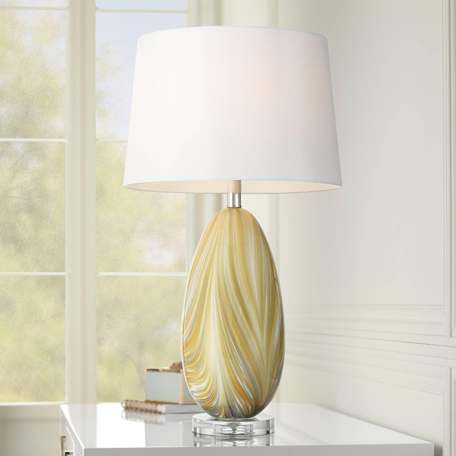 Possini Euro Design Pablo 27' Tall Modern 3-Way Table Lamp Yellow Vortex Finish Art Glass Single Fabric White Shade Living Room Bedroom Bedside Nightstand House Office Home Reading Kitchen Entryway