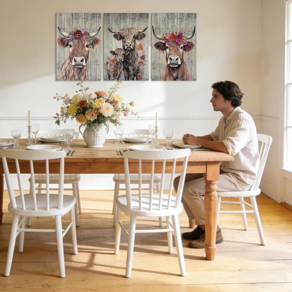 Cow Pictures Canvas Wall Art with Built-in Wooden Frame - Farmhouse Highland Cow Wall Decor & Rustic Animals Paintings Posters for Home Decoration - Lightweight & Easy Hanging, 24x36x3 Inches