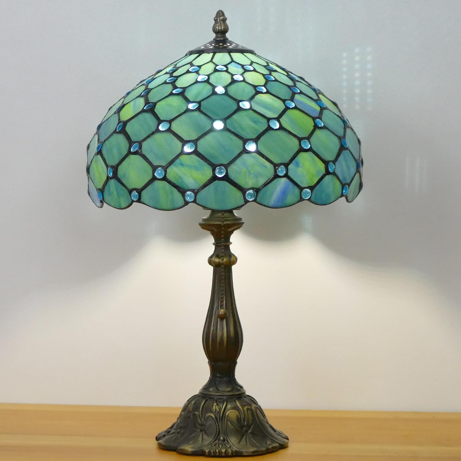 Tiffany Lamp Stained Glass Table Lamp Antique Bedside Reading Light W12H19 Inches (Sea Blue Pearl)