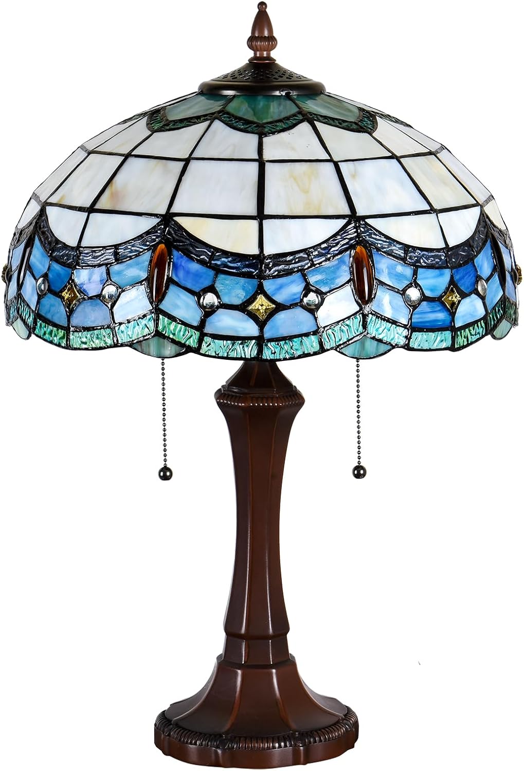 Tiffany Table Lamps 16' Wide Blue Stained Glass Bedside Lamp Victorian Reading 2 Lights Vintage Antique Desk Light Decor for Living Room Bedroom Home Office